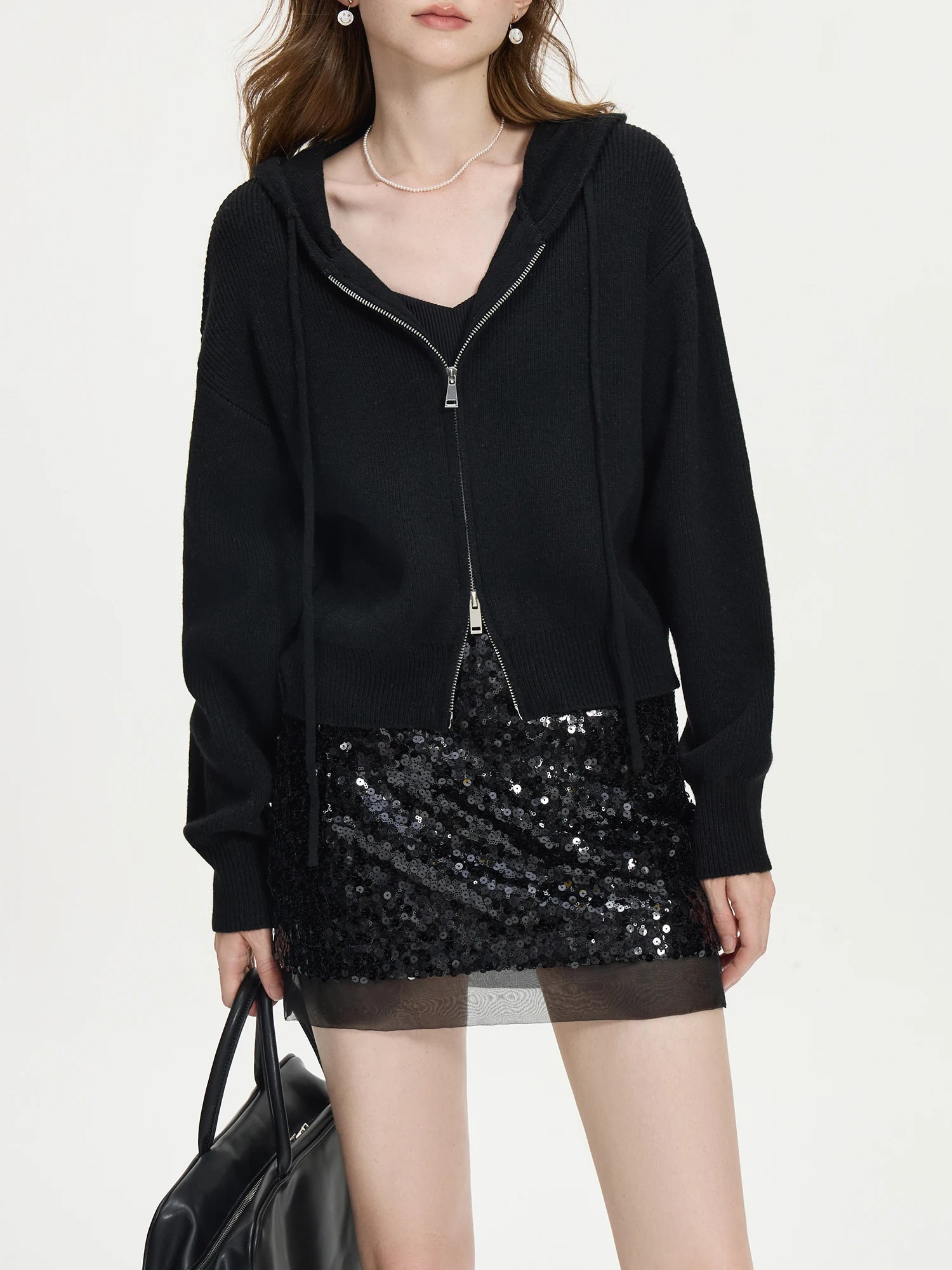 FSLE Office Lady Casual Knitted Hooded Cardigan Jacket for Women 2024 Autumn/Winter New Style Double Headed Zipper Loose
