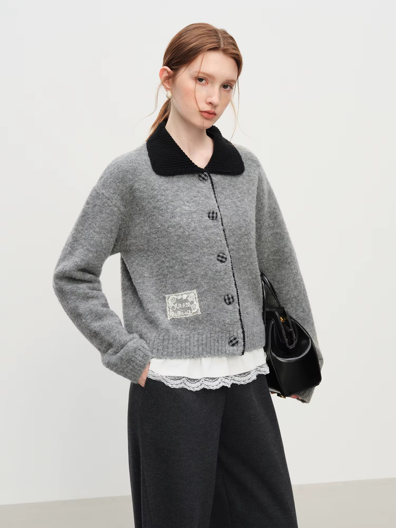 Winter 2025 Women's Preppy Style Color Block Knit Cardigan - Sweet Peter Pan Collar Casual Coatigan with Vintage Inspired