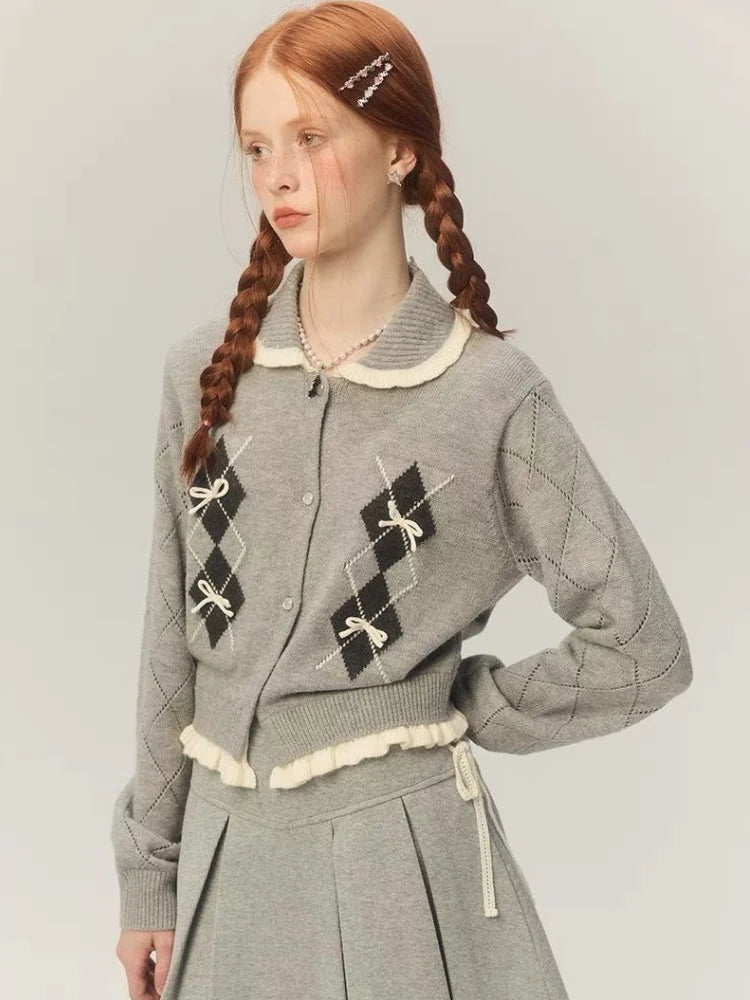 QWEEK Y2k Coquette Elegant Knit Knitted Cardigan Women 2024 Autumn Winter Fashion Kawaii Cute Bow Plaid Sweater Ruffles