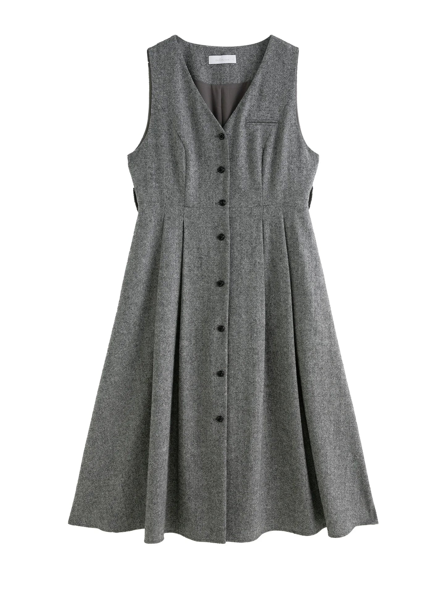 DUSHU 31.1% Wool Women Sleeveless Dress V-Neck Single Breasted Female Winter Long X-LINE Dresses Grey Commuter Dress 24DS84315