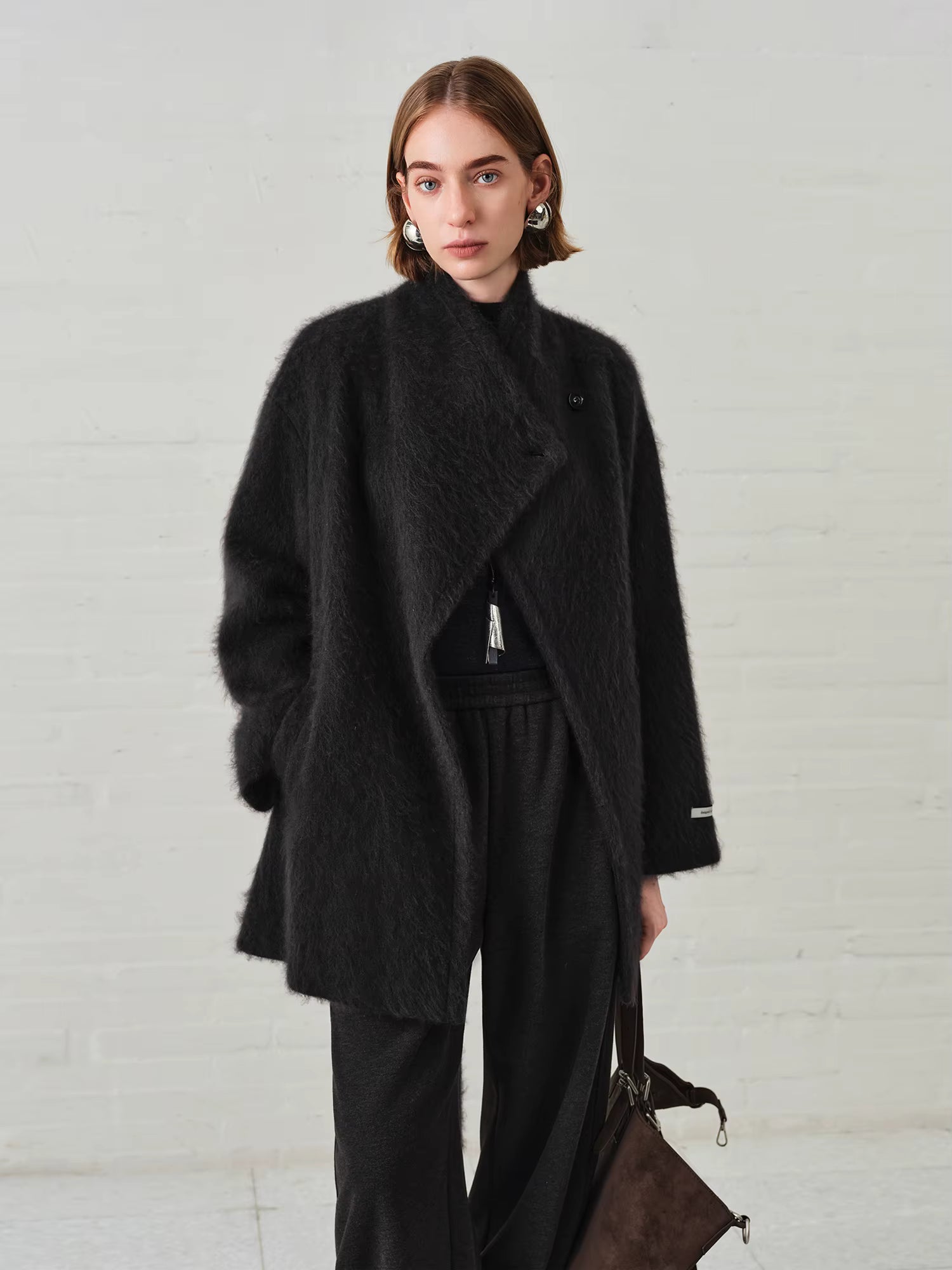 【Premium Series】Women's Brushed Cashmere Short Coat with Asymmetric Placket Stand Collar - Winter Warm Overcoat for Daily