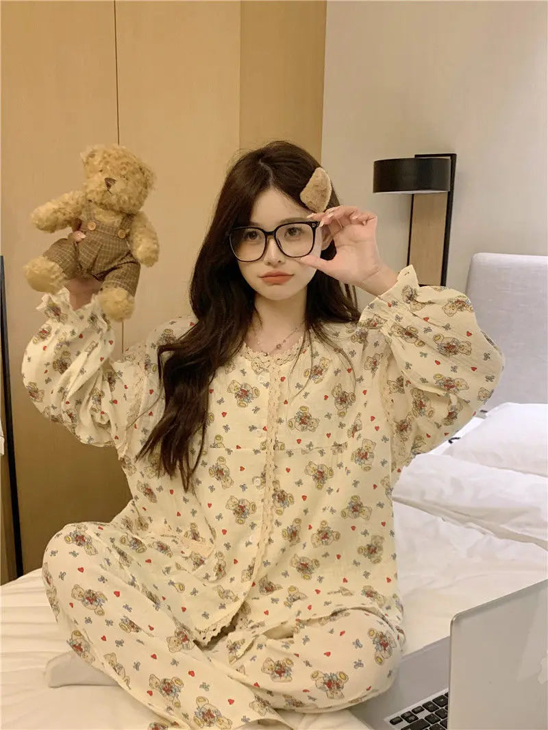 New Sweet Spring Women Home Suits Female Lace Trim Cute Pajamas Sets Girls Cartoon Long Sleeves Trousers Simple Nightwear