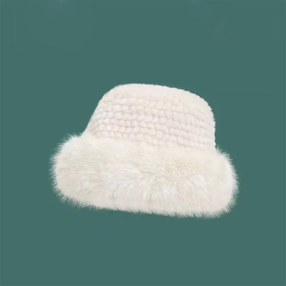 Korean Fashion Hat Women's Winter New Thick Warm Imitation Fur Simple Fisherman's Hat Imitation Mink Fur Ladies Mongolia Cap