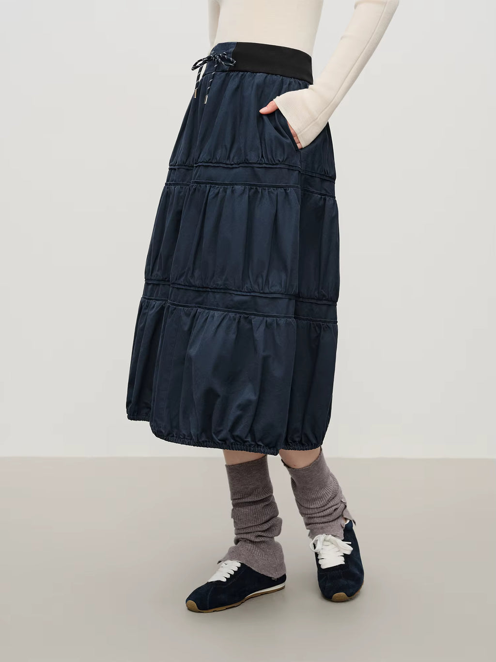 Washed Blue Patchwork Pleated Half Skirt Women's Winter 2025 New Arrival Drawstring Oversized Skirt 100% Cotton Skirts