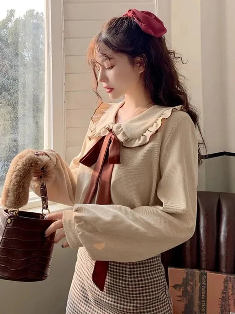 Spring Autumn Corduroy Kawaii Bow Peter Pan Collar Shirts Vintage Cute Long Sleeve Women Clothing All-match Sweet Blouses Women
