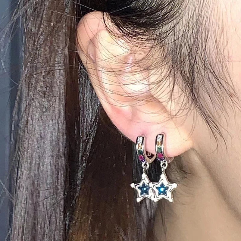 Korean Fashion Blue Crystal Star Hoop Earrings Punk Aesthetic DIY Mini Cute Earrings for Women Y2K Accessory Egirl Jewellery