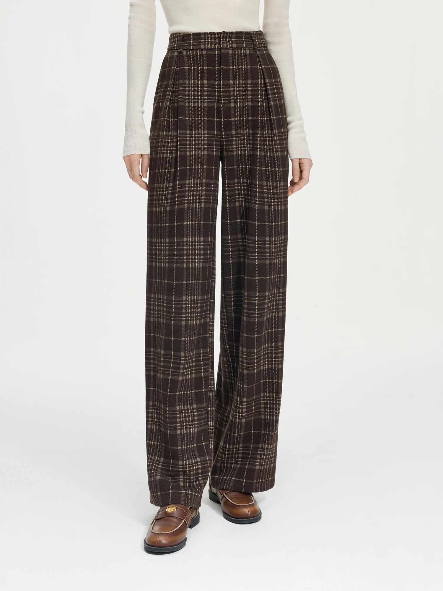 FSLE Office Lady American Retro Plaid Casual Pants for Women Brown 2024 Autumn Winter New Straight Leg Pants 24FS14560