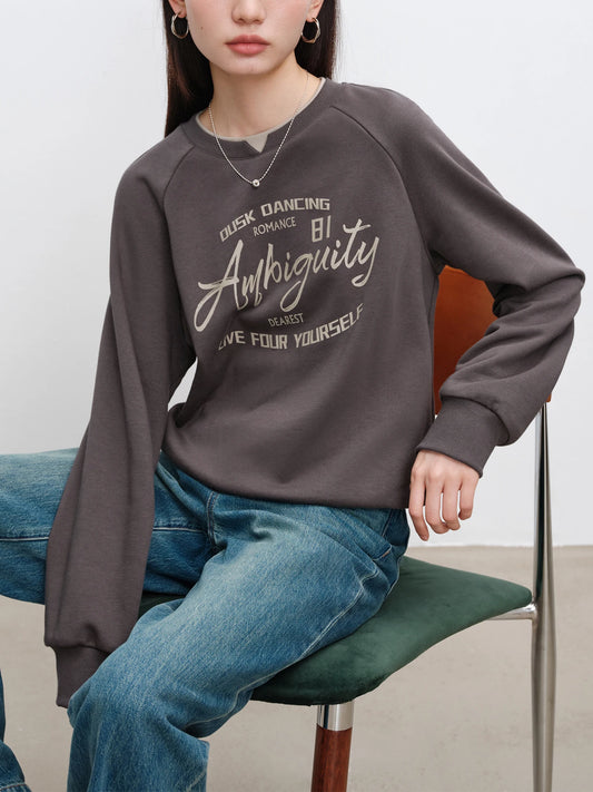 ZIQIAO Women Sweatshirts Retro Letter Printed Round Neck Raglan Sleeve Casual Tops Autumn Cotton Female Sweatshirt 24ZQ93256