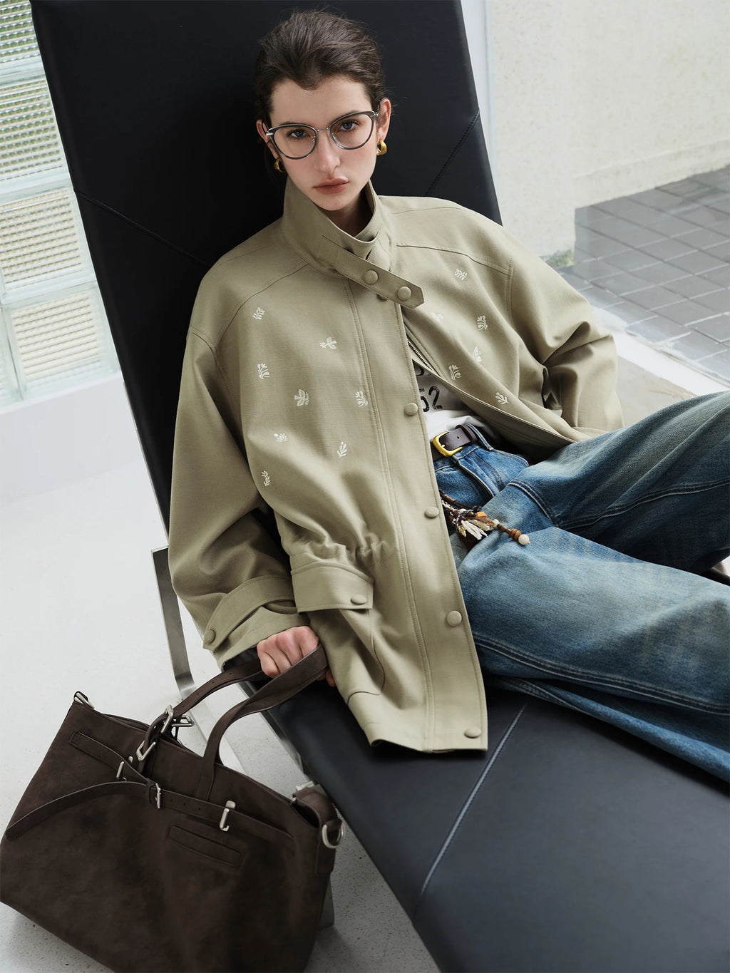 FSLE【Premium Series】New Women Olive Green Embroidered Stand Collar Jacket Loose Fit Workwear Style Boho Outerwear Relaxed Street