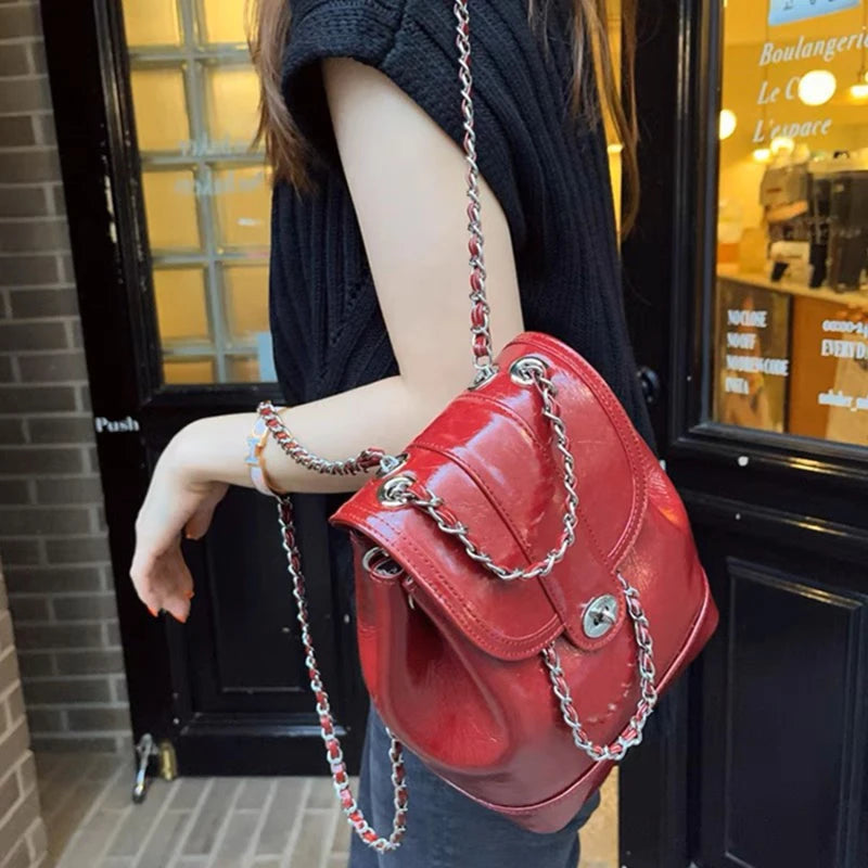 Women Korea Spring Mini Chains Backpack Female Ins Student Oil Wax Leather Shoulder Bag Travel Bagpack Black Rucksack Sac