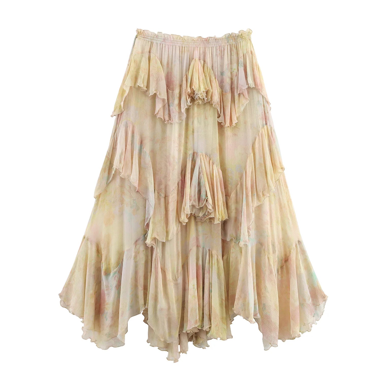 Boho Ruffled Watercolour Maxi Skirt in Pastel Chiffon