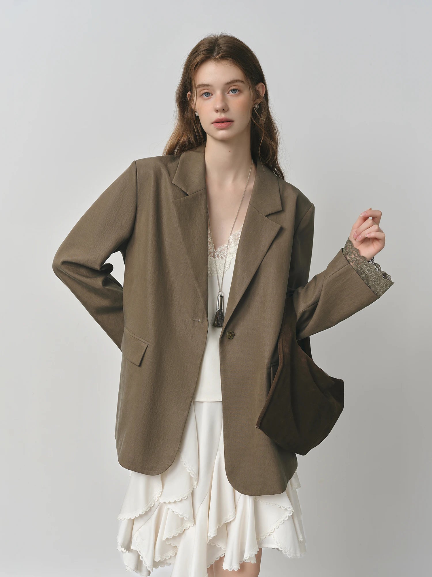 FSLE Design Sensitive French Women's Blazer with Lace Trim 2025 Autumn New Arrival White Suit Blazers