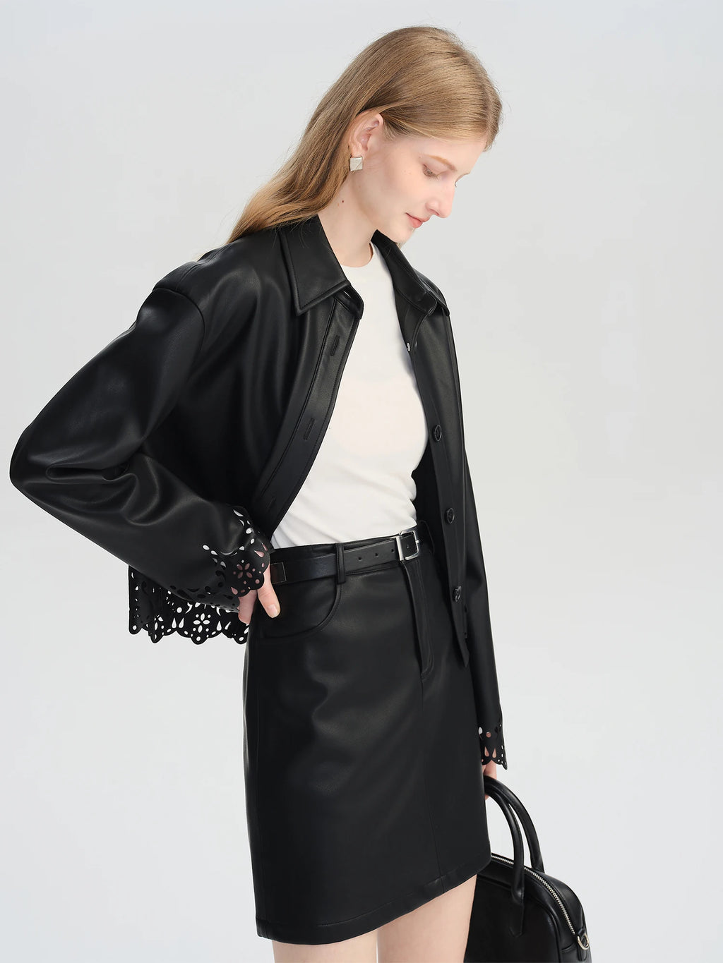 ZIQIAO Autumn 2025 Textured Vegan Coordinated Set - Cropped Hemline Mini Skirt & Jacket Architectural Cut Ladies Two Piece