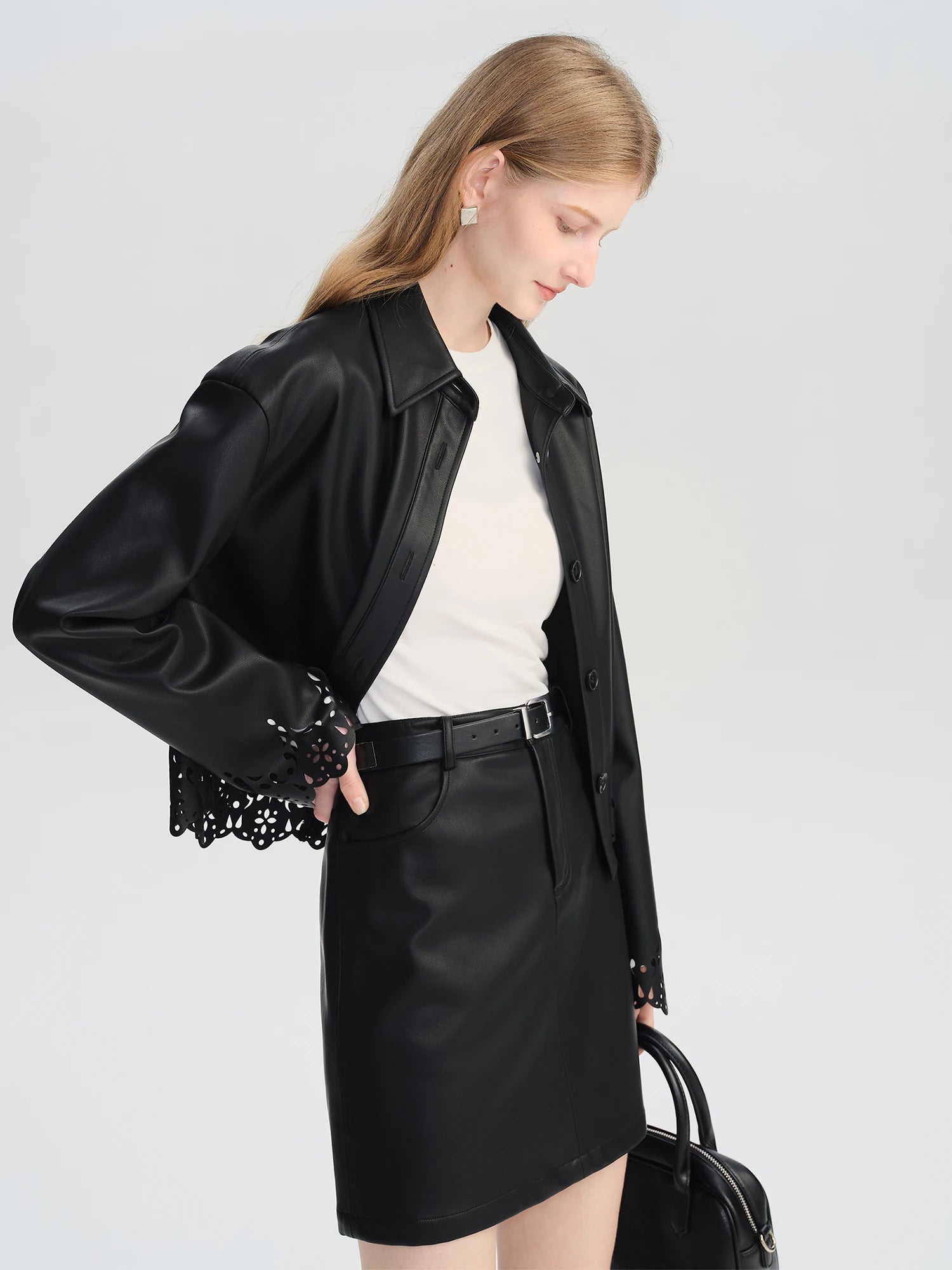 ZIQIAO Autumn 2025 Textured Vegan Coordinated Set - Cropped Hemline Mini Skirt & Jacket Architectural Cut Ladies Two Piece