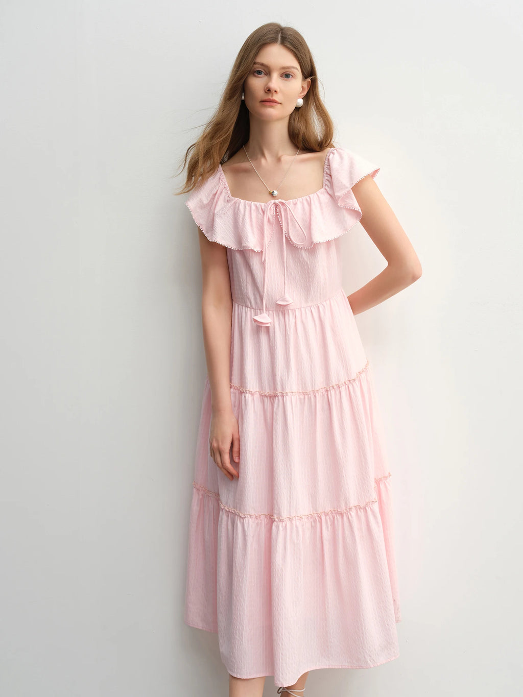 DUSHU Plus Size Ruffled Cake Shape Pink White Dress For Women 2025 Summer New Arrival Elegant French Style Long Dress