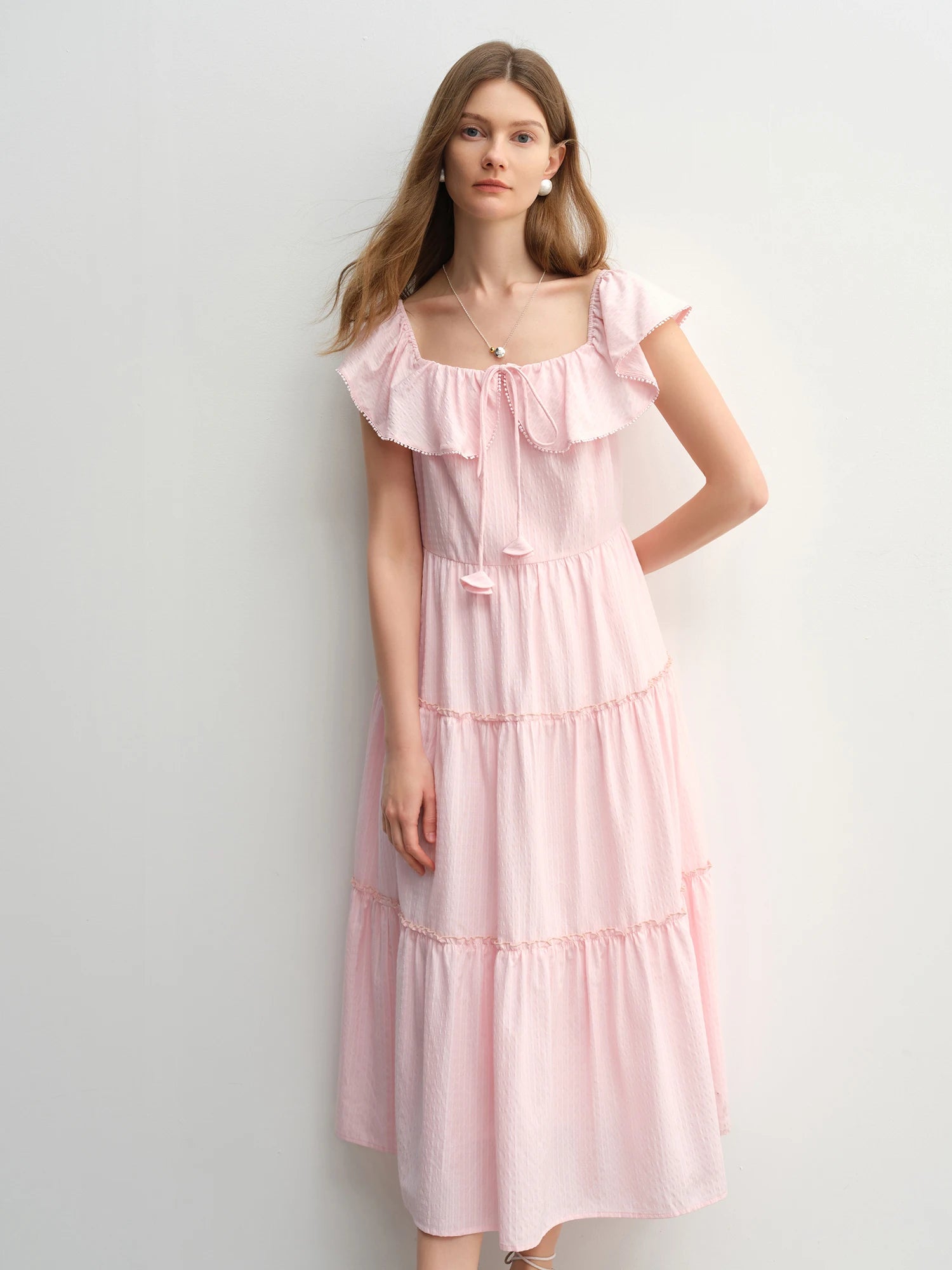 DUSHU Plus Size Ruffled Cake Shape Pink White Dress For Women 2025 Summer New Arrival Elegant French Style Long Dress